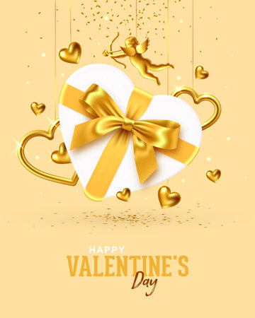 Valentines Day holiday gift card design with gift box in the shape of heart with gold bow, gold aiming Cupid and gold hanging hearts, vector illustrationのイラスト素材