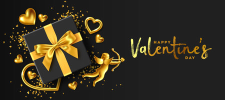Valentine's Day banner. Romantic 3d composition made of black gift box with a red bow, gold jewelry hearts and Cupid on black background vector illustrationのイラスト素材