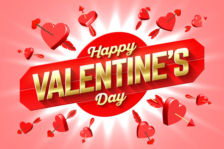 Valentine's Day greeting card design with composition of wooden planks with lettering on it and 3d hearts around pierced with arrows vector illustrationのイラスト素材