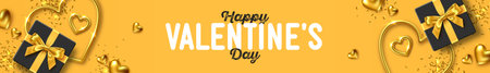 Happy Valentine's Day greeting banner. Header for website with romantic composition of gift boxes with gold bow and gold jewelry hearts, vector illustrationのイラスト素材