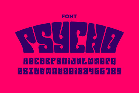 Psychedelic style font design, 1960s alphabet letters and numbersのイラスト素材