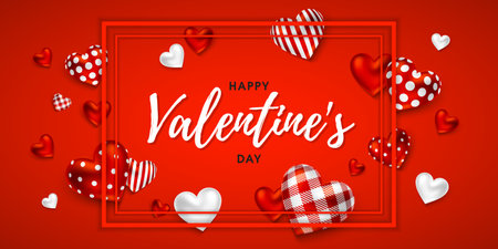 Happy Valentine's Day greeting card design with composition of frame and hearts with different patterns. Holiday gift card, festive banner, poster. Vector illustrationのイラスト素材