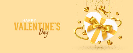 Valentine's Day design. Romantic background with composition of gift box in the shape of heart with gold bow, gold aiming Cupid and gold hanging hearts, vector illustrationのイラスト素材