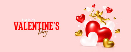 Valentines Day holiday gift card design with hearts and aiming Cupid on pink background, vector illustrationのイラスト素材