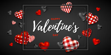 Happy Valentine's Day greeting card design with composition of frame and hearts with different patterns. Holiday gift card, festive banner, poster. Vector illustrationのイラスト素材