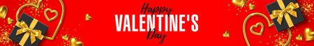 Happy Valentine's Day greeting banner. Header for website with romantic composition of gift boxes with gold bow and gold jewelry hearts, vector illustrationのイラスト素材