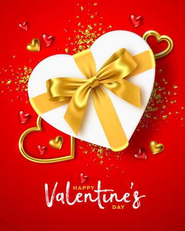 Happy Valentine's Day holiday. Romantic composition of a white gift box in the shape of heart with gold ribbon bow, gold jewelry hearts and confetti around on red background. For design of greeting card, banner, poster. Vector illustrationのイラスト素材