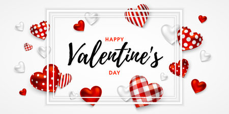 Happy Valentine's Day greeting card design with composition of frame and hearts with different patterns. Holiday gift card, festive banner, poster. Vector illustrationのイラスト素材