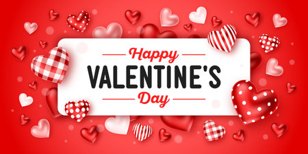 Happy Valentine's Day holiday. Romantic composition with different patterns 3d hearts around white frame with lettering. Greeting card, banner, poster, invitationのイラスト素材