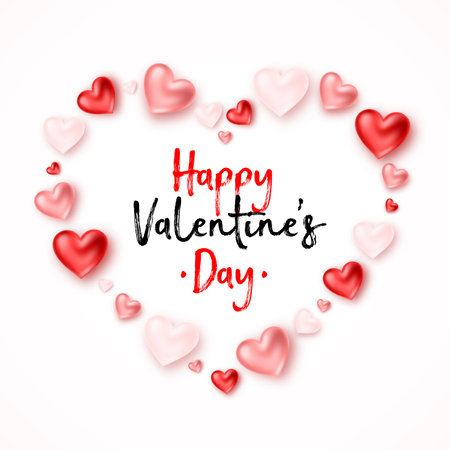 Happy Valentine's Day. Romantic realistic composition with hearts and lettering on pink background. For design of greeting card, invitation, bannerのイラスト素材