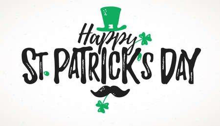 Happy St. Patrick's Day greeting card, 17 March Feast of St. Patrick, handdrawn dry brush style lettering, vector illustrationのイラスト素材