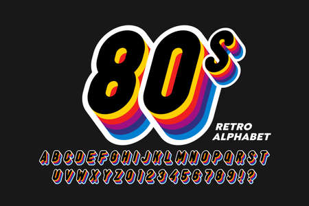 80's style colorful retro 3D font, alphabet letters and numbersのイラスト素材