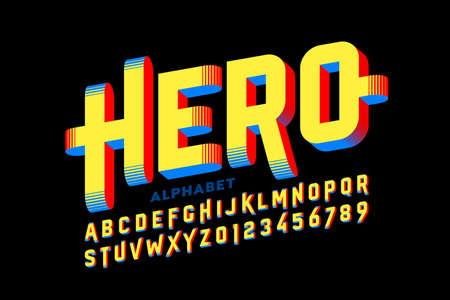 Super Hero style comics 3d font, alphabet letters and numbers vector illustrationのイラスト素材
