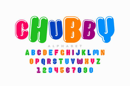 Chubby, playful style font design, plumpy alphabet, letters and numbers vector illustrationのイラスト素材