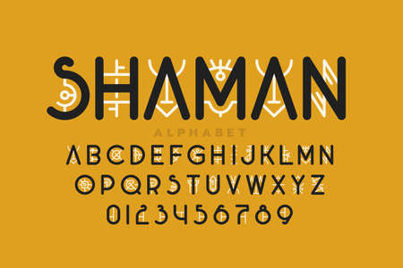 Tribal shamanic style fonta design, alphabet letters and numbers vector illustrationのイラスト素材