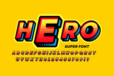 Comics Superhero style font, 3d alphabet letters and numbers vector illustrationのイラスト素材
