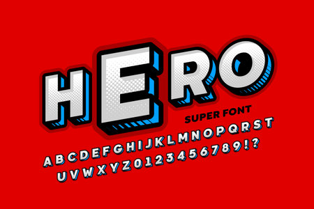 Comics Superhero style font, 3d alphabet letters and numbers vector illustrationのイラスト素材
