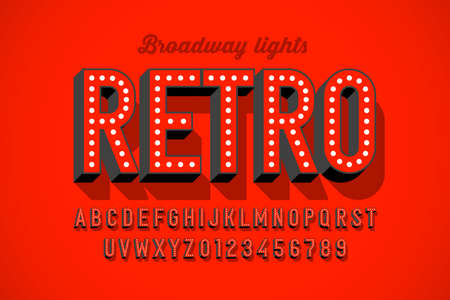Broadway lights retro light bilb sign style font design, alphabet letters and numbers vector illustrationのイラスト素材