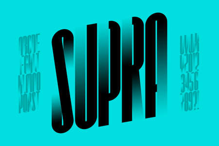 Modern condensed font with gradient elements, alphabet and numbers vector illustrationのイラスト素材