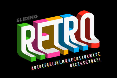 Sliding down retro style 3d font, colorful alphabet letters and numbers vector illustrationのイラスト素材