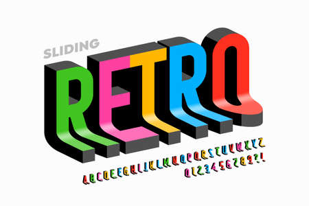 Sliding down retro style 3d font, colorful alphabet letters and numbers vector illustrationのイラスト素材