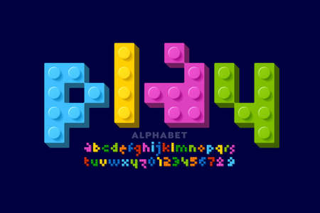 Plastic construction blocks 3d font, toy alphabet letters and numbers vector illustrationのイラスト素材
