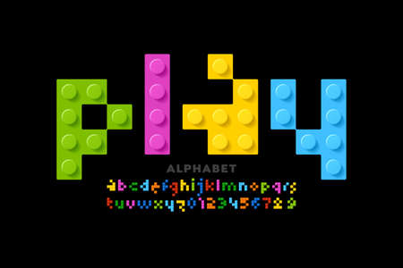 Plastic construction blocks font, toy alphabet letters and numbers vector illustrationのイラスト素材
