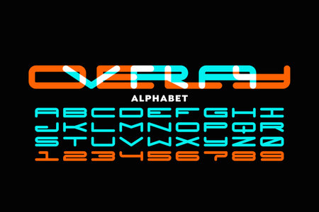 Extra wide style overlay font, alphabet letters and numbers, vector illustrationのイラスト素材