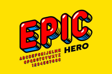 Epic Hero Comic Book style font design, alphabet letters and numbers vector illustrationのイラスト素材