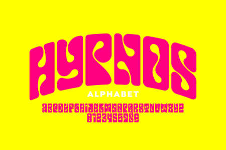 Psychedelic, hypnosis style font design, 1960s alphabet letters and numbers vector illustrationのイラスト素材