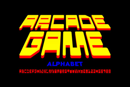 Arcade game retro style font design, alphabet letters and numbers vector illustrationのイラスト素材