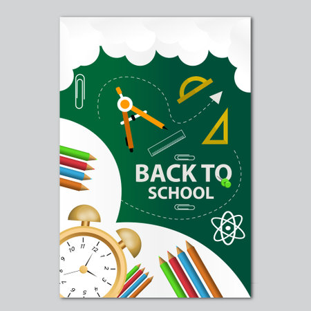Back to school poster. Vector illustration of school supplies on green background.のイラスト素材