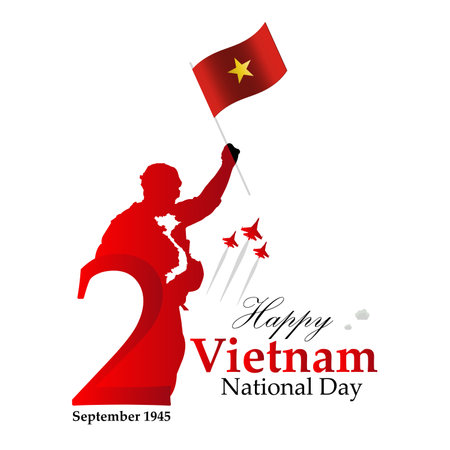 vector illustration for Vietnam National Day background with silhouette of woman holding Vietnamese flagのイラスト素材