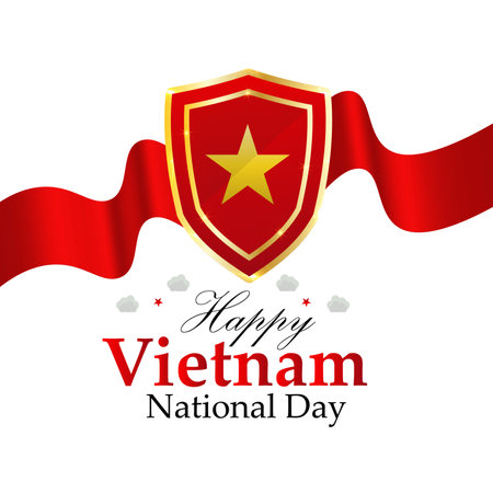Vector illustration of a Background for Vietnam National Day with Golden Shield and Red Ribbon.のイラスト素材