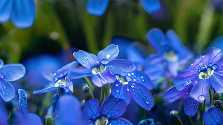 Blue flowers with water droplets in the morning. Spring background.の素材