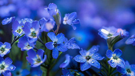 Blue flowers with water drops on the petals. Floral backgroundの素材