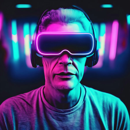 Portrait of a man wearing virtual reality goggles. Future technology concept.の素材