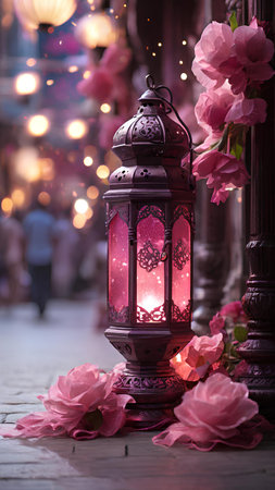 Lanterns with pink flowers on the street in Istanbul, Turkeyの素材