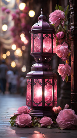 Lanterns with pink roses on the street at night.の素材