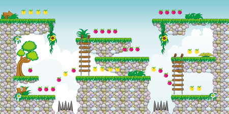Tile set Platform for Game - A set of vector game asset, contains ground tiles  and several items   objects   decorations, used for creating mobile gamesのイラスト素材