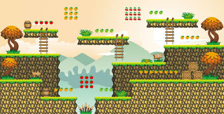 Tile set Platform for Game - A set of layered vector game asset,  contains background, ground tiles and several items / objects / decorations, used for creating mobile gamesのイラスト素材