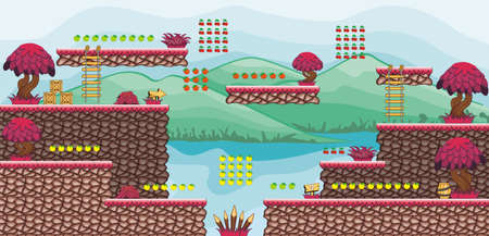 Tile set Platform for Game - A set of layered vector game asset,  contains background, ground tiles and several items / objects / decorations, used for creating mobile gamesのイラスト素材