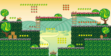 Tile set Platform for Game - A set of layered vector game asset,  contains background, ground tiles and several items / objects / decorations, used for creating mobile gamesのイラスト素材
