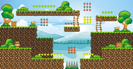 Tile set Platform for Game - A set of layered vector game asset,  contains background, ground tiles and several items / objects / decorations, used for creating mobile gamesのイラスト素材