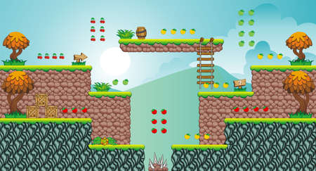 Tile set Platform for Game - A set of layered vector game asset,  contains background, ground tiles and several items / objects / decorations, used for creating mobile gamesのイラスト素材