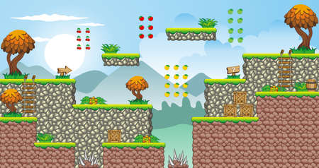Tile set Platform for Game - A set of layered vector game asset,  contains background, ground tiles and several items / objects / decorations, used for creating mobile gamesのイラスト素材