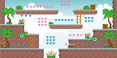 Tile set Platform for Game - A set of layered vector game asset,  contains background, ground tiles and several items / objects / decorations, used for creating mobile gamesのイラスト素材