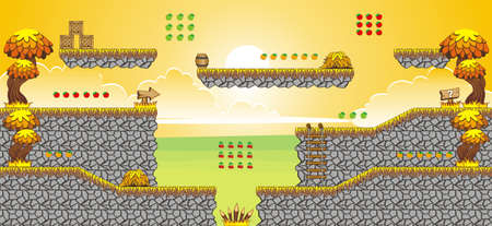 Tile set Platform for Game - A set of layered vector game asset, contains background, ground tiles and several items.のイラスト素材