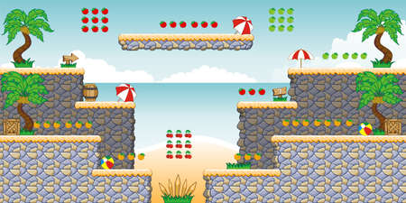 Tile set Platform for Game - A set of layered vector game asset, contains background, ground tiles and several items.のイラスト素材