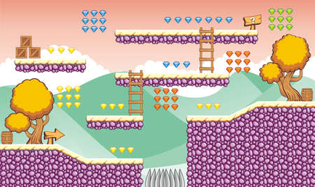 Tile set Platform for Game - A set of layered vector game asset, contains background, ground tiles and several items.のイラスト素材